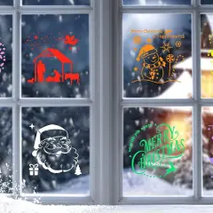 Un dibujo de ventana de Navidad con pegatinas de Santa, muñeco de nieve, belén y renos.
