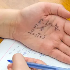 Beim Spicken erwischt: Formeln auf der Hand, während der Schüler im Heft schreibt.