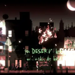 Nocne miasto w ogniu, z napisem "You deserve hell" jako headliner. W tle księżyc i znak "City Life".