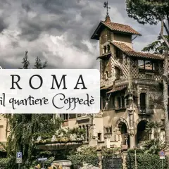 Edifici fiabeschi e fontana nel quartiere Coppedè a Roma, sotto un cielo nuvoloso.
