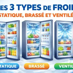 Trois réfrigérateurs ouverts présentent leurs compartiments remplis de fruits et légumes frais. Le froid ventilé est illustré par des flux d'air bleus.