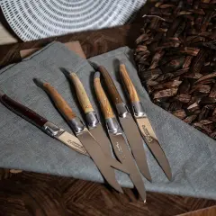 Cinco cuchillos de una prestigiosa marca de cuchillos, con mangos de madera y acero pulido, dispuestos sobre un paño gris.