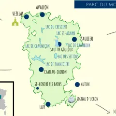 Carte du Parc du Morvan, idéale pour visiter le Morvan en 3 jours. Elle indique lacs, villes et sites touristiques.