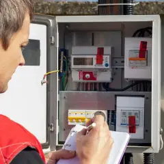 Elektryk spisuje odczyt licznika elektrycznego, przygotowując protokół wymiany.