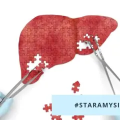 Wątroba z puzzli, którą składają szczypce. Badanie na obecność hbs antygen to klucz do zdrowia. #STARAMYSIĘ