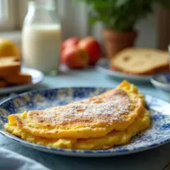 Puszysty omlet z jabłkiem, posypany cukrem pudrem, na talerzu z niebieskimi wzorami. Obok mleko, tosty i filiżanka kawy.