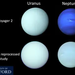 Uran i Neptun, planety z Układu Słonecznego, w tym najdalsza planeta od Ziemi. Zdjęcia z sondy Voyager 2 i ich przetworzone wersje.