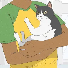 Persona abraza un gato blanco y negro. El gato parece feliz y cómodo. Quizás necesite pienso para gatos sin dientes.