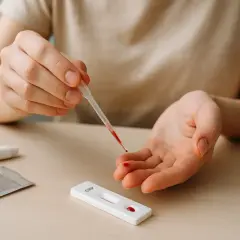 Osoba pobiera kroplę krwi pipetką do testu CRP, by sprawdzić, co to jest stan zapalny.