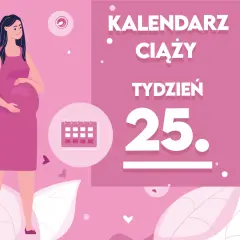 Kobieta w 25 tygodniu ciąży, z brzuszkiem. Obok kalendarz i napis "KALENDARZ CIĄŻY TYDZIEŃ 25.".