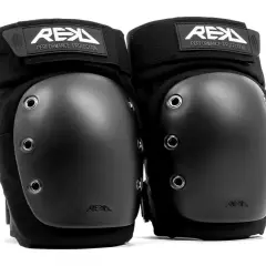 Para pewne ochraniacze na kolana snowboardowe marki REX. Solidne, czarne, z logo REX.