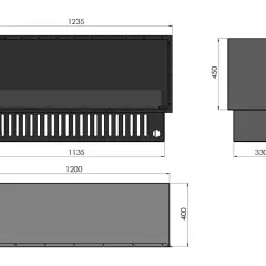 Schematyczny rysunek techniczny z wymiarami kominka po zabudowie: szerokość 1235 mm, wysokość 485 mm, głębokość 330 mm.
