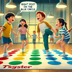 Niños jugando Twister, un juego de poner manos y pies en círculos de colores. ¡Qué divertido!