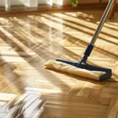 Un mocio lucida un parquet a spina di pesce, illuminato da raggi di sole che creano un gioco di luci e ombre. Scopri come lucidare il parquet per un risultato splendente.