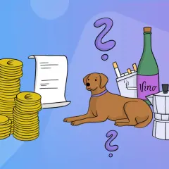 Stapel Münzen, Rechnung, Hund, Zigaretten, Wein, Kaffeekanne und Fragezeichen. Wie viel Steuern zahlt man in Deutschland?