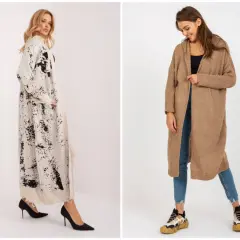 Dwie kobiety prezentują długie kardigany. Jeden w beżowym kolorze, drugi z czarnym wzorem. Idealne kardigany damskie plus size.