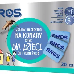 Bros wkłady do elektro na komary dla dzieci, chronią dom przed owadami przez 10h. Opakowanie zawiera 20 sztuk.