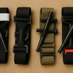 Cuatro tipos de torniquetes de emergencia, dos negros y uno verde militar, listos para usar.