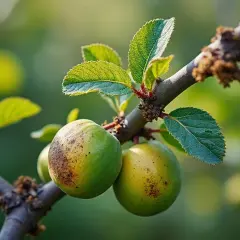 Deux mirabelles vertes sur une branche, présentant des taches brunes, signe d'une possible maladie du mirabellier.