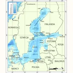 Mapa Bałtyku z zaznaczonymi głębokościami i państwami. Wiele wysp, np. Gotlandia, Olandia, Bornholm, Hiiumaa, Sarema, Alandzkie.
