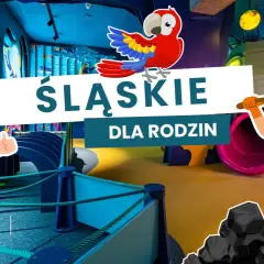 Śląskie atrakcje dla dzieci: wesoły chłopiec i górnik zapraszają do zabawy.