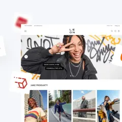 Strona główna sklepu internetowego z modą, prezentująca kampanię marketingową z młodymi ludźmi i ubraniami.