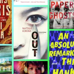 Büchercover-Collage mit dem besten Thriller-Buch "Out" von Natsuo Kirino im Fokus. Daneben "Paper Ghosts" und "The Girl on the Train".