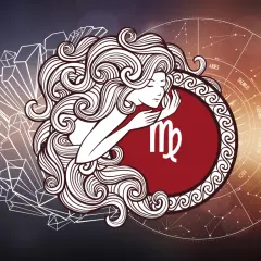 Symbol Panny, znaku zodiaku wrzesień, otoczony kryształami i kołem zodiaku.