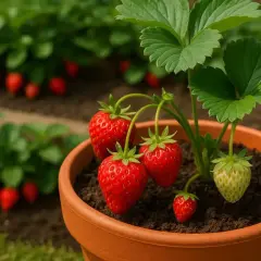 Pianta fragole in vaso, con frutti rossi maturi e uno ancora verde. Sullo sfondo, altre piante di fragole in un campo.