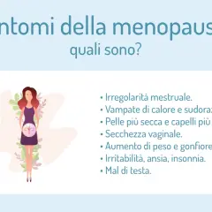 Illustrazione di una donna con un orologio, che simboleggia i sintomi della menopausa come irregolarità mestruale, vampate, secchezza e irritabilità.