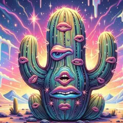 Surreal desert landscape with a cactus face, evoking the psychedelic meskalina działanie. Kolorowe chmury i góry w tle.