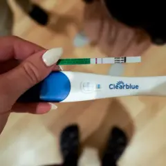 En hand håller upp ett positivt graviditetstest. Två streck syns på teststickan, vilket indikerar vilken vecka gravid.
