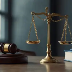Młotek sędziowski, waga sprawiedliwości i stos niebieskich ksiąg na drewnianym stole.