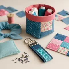 Kreative upcycling stoffreste: Nähkorb, Scrunchie, Schlüsselanhänger und Patchwork-Untersetzer aus bunten Stoffresten.