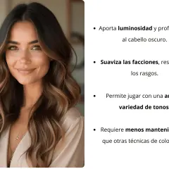 Morena con mechas balayage en pelo liso, aportando luminosidad y suavidad a sus rasgos.
