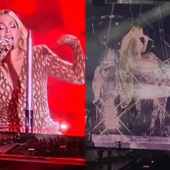 Beyoncé w błyszczącym stroju śpiewa na scenie, a obok niej widać jej sylwetkę na tle scenografii w kształcie konia. Niezapomniany koncert!