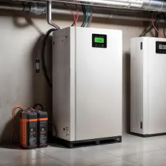 Białe magazyny energii, baterie i urządzenia sterujące w pomieszczeniu technicznym.