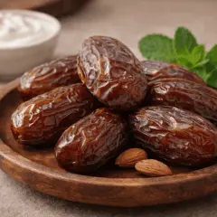En träskål med dadlar, mandlar och mynta. Dessa dadlar nyttigt är en perfekt energiboost.