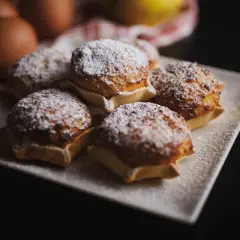 Cinque dolci sardi, spolverati di zucchero a velo, su un piatto bianco. Sullo sfondo, uova e un tessuto a quadri rossi.