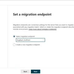 Configuration de l'endpoint pour la migration imap vers Office 365. Choix entre un endpoint existant ou la création d'un nouveau.