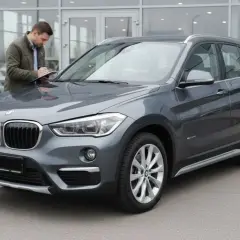 Szary BMW X1 F48 przed salonem, mężczyzna spisuje dane na kartce.