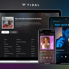 Ekran laptopa, tabletu i telefonu z interfejsem aplikacji muzycznej TIDAL.