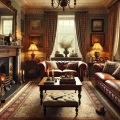 Gemütliches Wohnzimmer im englischen Landhausstil mit Ledersofas, Kamin und antiken Möbeln.