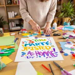 Tworzenie kolorowych plakatów A4 z napisem "Party started at home". Na stole mnóstwo materiałów do rękodzieła.
