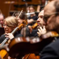 Musiker i orkester spelar cello och fiol. En del av Berwaldhallen program.