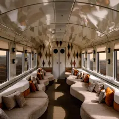 Luxuriöser Salonwagen des Orient Express. Geschwungene Sofas mit Kissen laden zum Entspannen ein, während die Fenster den Blick auf malerische Landschaften freigeben.