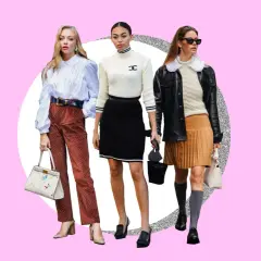 Tres mujeres lucen estilos que definen qué es preppy: una con blusa blanca y pantalón de lunares, otra con jersey de cuello alto y falda negra, y la tercera con chaqueta de cuero, jersey de ochos y falda plisada.