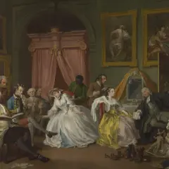 Scena towarzyska w stylu rokoko. Elegancko ubrani ludzie bawią się, piją i czytają.