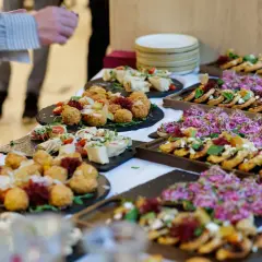 Pyszny catering na święta bożego narodzenia: przekąski z kulkami serowymi, rolkami i kanapeczkami z różowymi kiełkami.