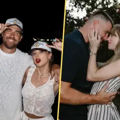 Taylor Swift i Travis Kelce w czapkach "Kapitan" i "Pierwszy Oficer". Po prawej, romantyczny moment pary wśród kwiatów.